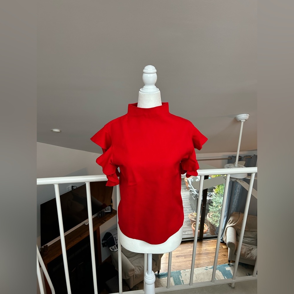 Alice + Olivia Red Ruffle Sleeve Mock Neck Top